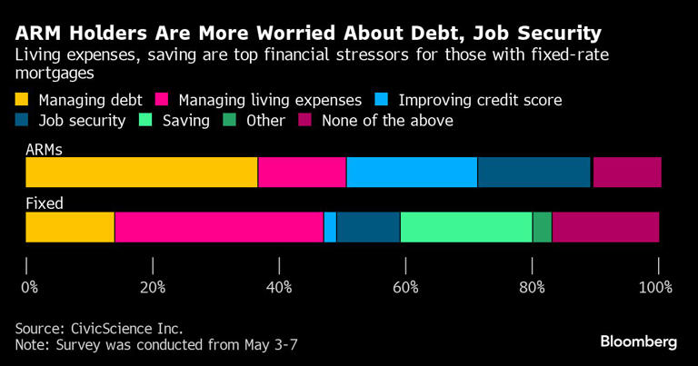 图：ARM持有者更担心债务、工作保障|生活开支、储蓄是固定利率抵押贷款持有者的首要财务压力 来源：Bloomberg